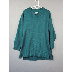 Diane Von Furstenberg Color Authority Green Metallic LS V Neck Sweater Women Lrg